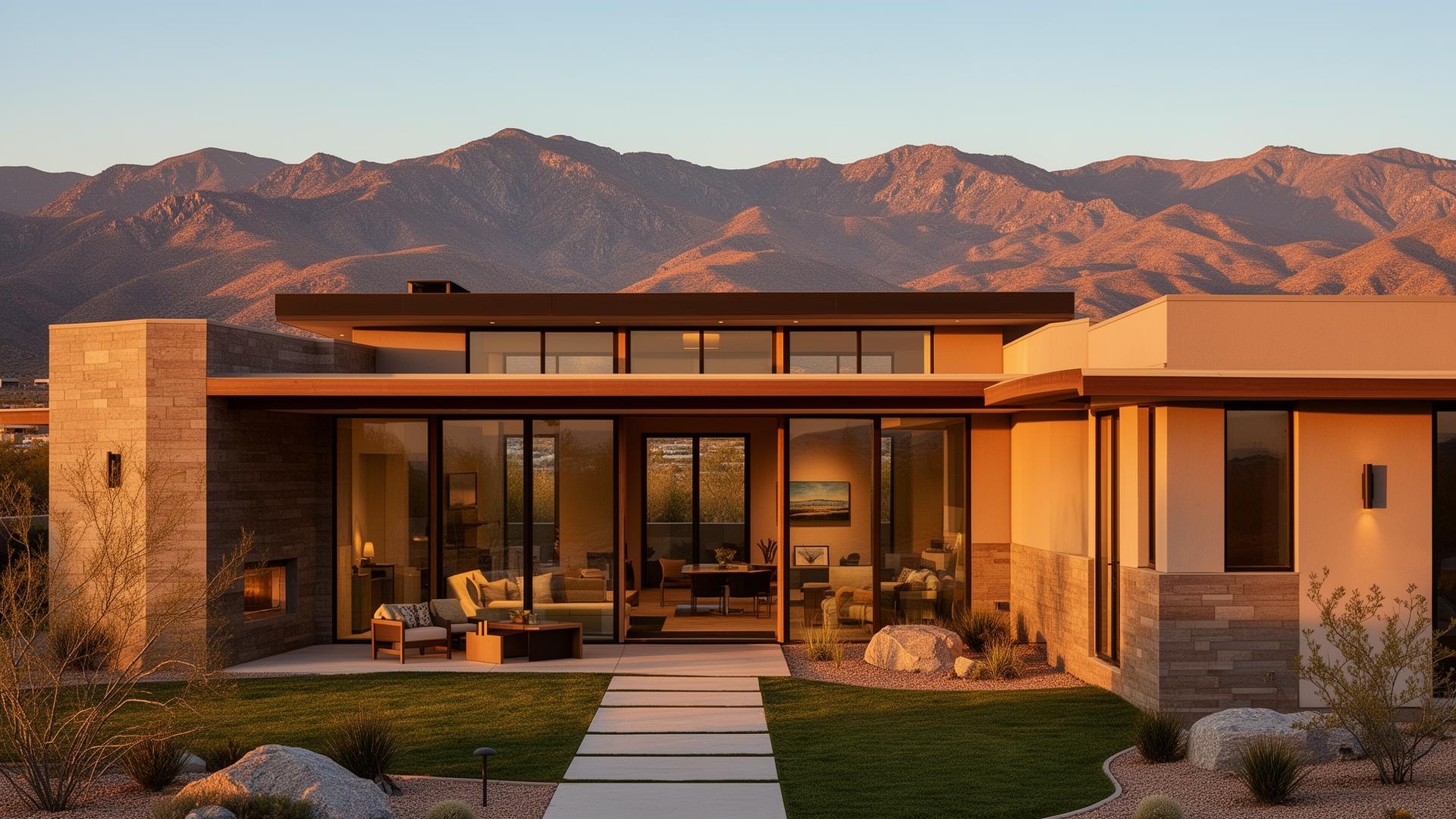 Modern home in Nevada at golden hour with mountain backdrop