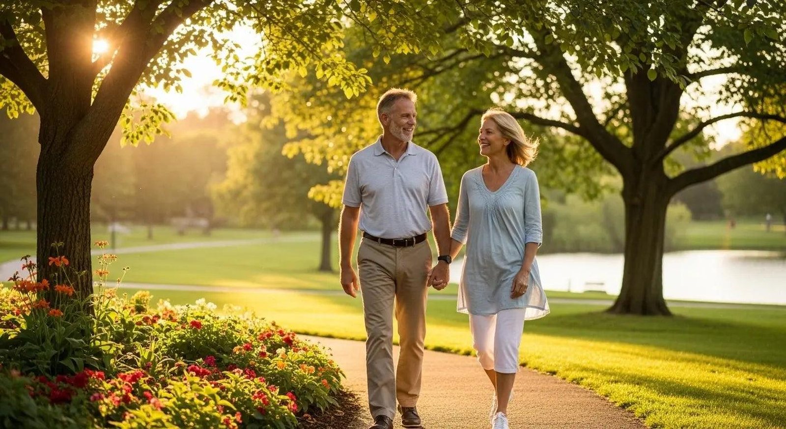 A couple walking hand in hand along a sunny park path