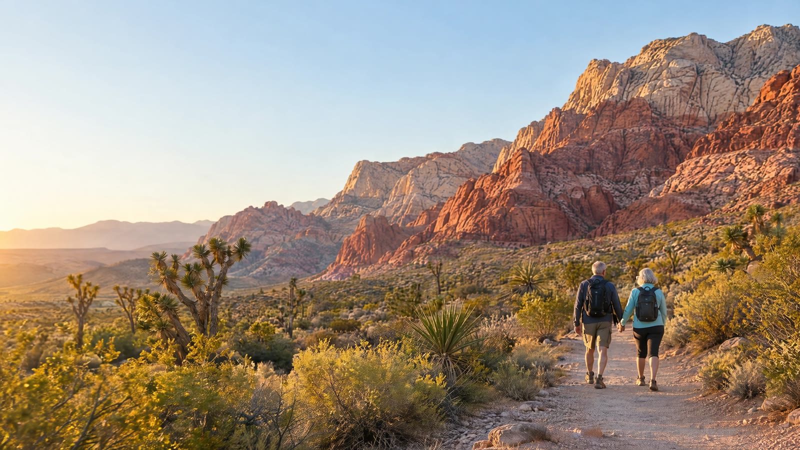 A couple walking hand in hand on a desert trail below red sandstone cliffs at sunrise